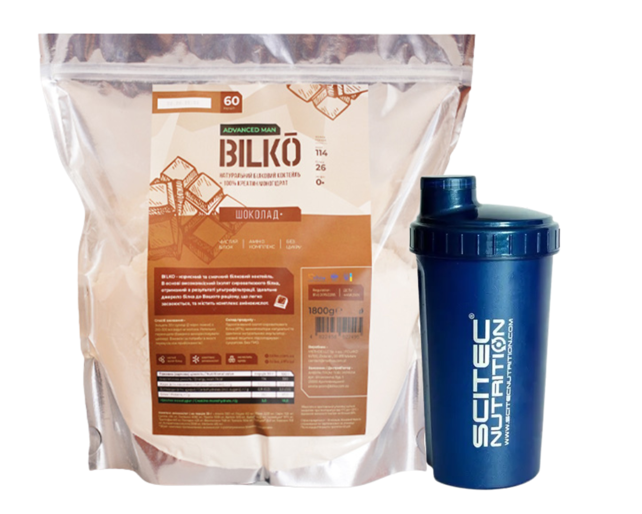 Комплект Білковий Коктейль З Креатином для росту м'язів Bilko Advanced Man, смак шоколад, 1,8 кг + Шейкер, фото 1