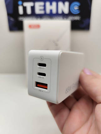 Мережевий ЗП XO CE13 GaN tech 3port (2Type-C 65W+USB 22.5W) 65W Type-C to Type-C Швидка зарядка (Білий), фото 1