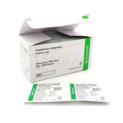 Серветки спиртові 56 х 65 мм Medicare (уп 100 шт.), фото 1