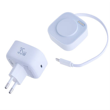 Зарядний пристрій білий US-CC209 PD35W Dual Port GaN Fast Charger With Lightning Magnetic Telescopic Cable, фото 1