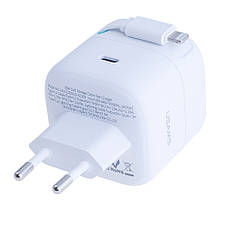 Зарядний пристрій білий US-CC209 PD35W Dual Port GaN Fast Charger With Lightning Magnetic Telescopic Cable, фото 4