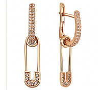 Золоті жіночі сережки-підвіски шпильки, булавки 585 проби з фіанітами