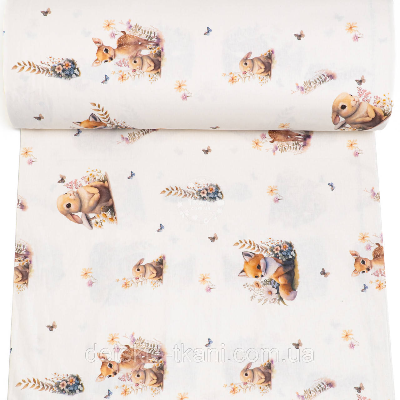 Ранфорс digital з цифровим друком "Лисички, козулі та зайчики в квітах", №5335, фото 1