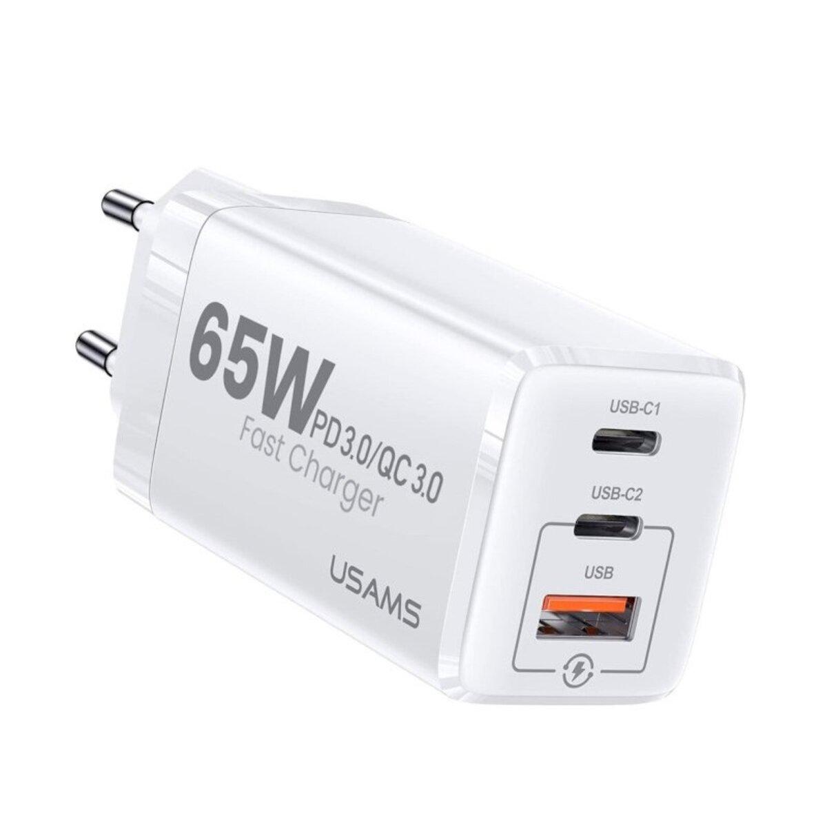 Мережевий зарядний пристрій Usams US-CC110 T33 65W 3 Ports GaN Mini Fast Charger white, 3 USB порти, швидка зарядка PD3.0, фото 1