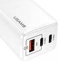 Мережевий зарядний пристрій Usams US-CC110 T33 65W 3 Ports GaN Mini Fast Charger white, 3 USB порти, швидка зарядка PD3.0, фото 3