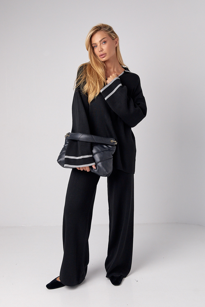 Жіночий костюм oversize з вільними штанами та кофтою-поло - чорний цвет, ONE SIZE (є розміри)