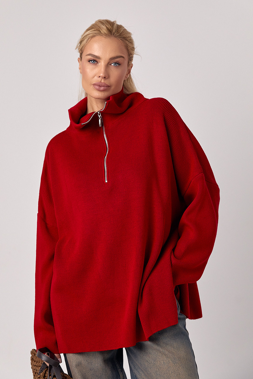 Жіночий светр oversize з коміром на блискавці - червоний цвет, L (є розміри)