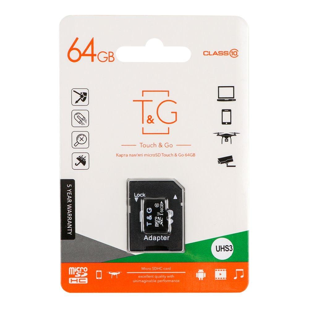 Карта пам'яті Micro SD 64Gb T&G Class 10 із адаптером (UHS-3)