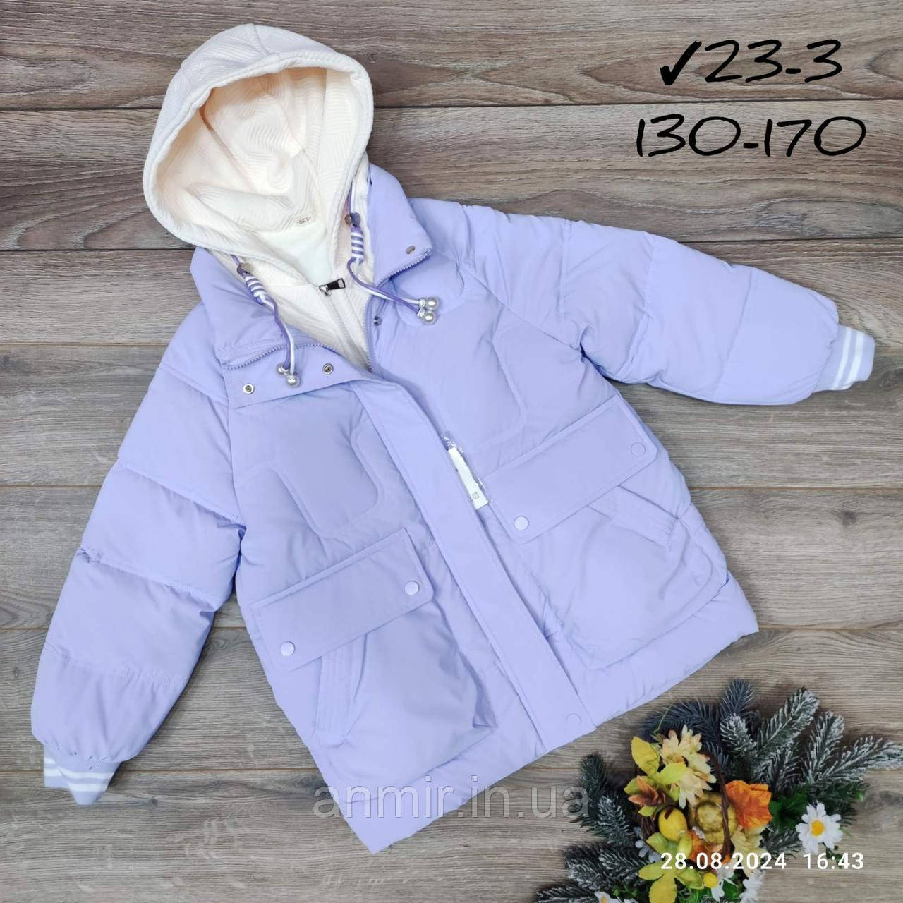 Куртка підліткова єврозима з трикотажним капюшоном і кишенями для дівчинки 8-14 років, колір фіалка
