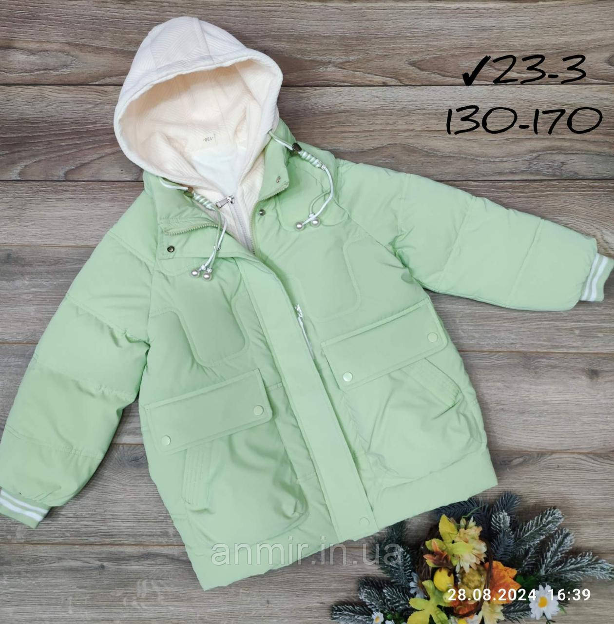 Куртка підліткова єврозима з трикотажним капюшоном і кишенями для дівчинки 8-14 років, салатового кольору