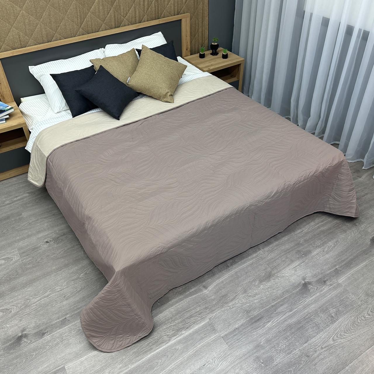 Покривало двостороннє Decorator Microfiber листя, сіро-коричневий з бежевим, фото 1