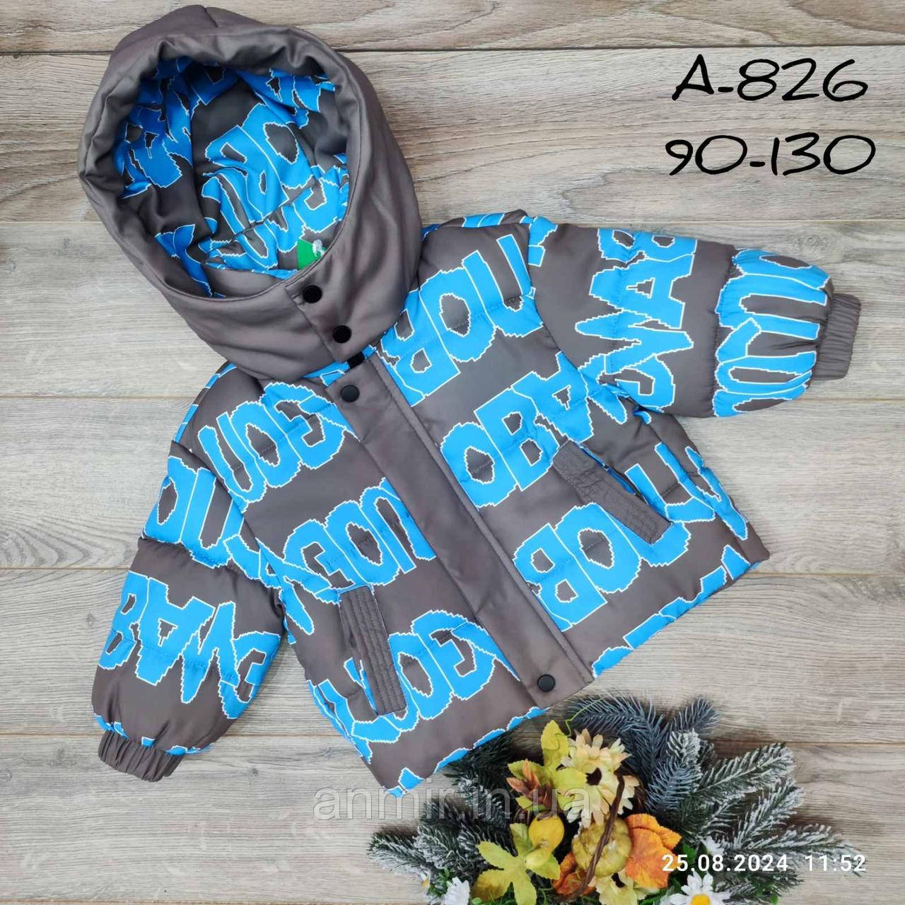 Куртка дитяча єврозима з капюшоном ПРИНТ для хлопчика 2-8 років, колір сірий із синім