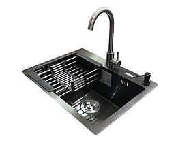 Комплект мийка + змішувач Romzha Arta U-550S BL (A). Чорна мийка з нержавіючої сталі зі змішувачем