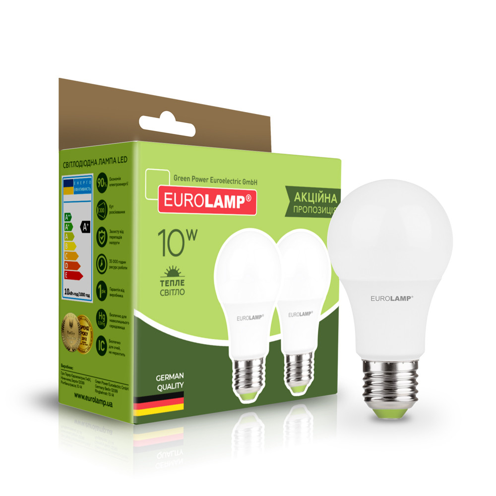 Промо-набір EUROLAMP LED Лампа A60 10W E27 3000K акція 1+1, фото 1