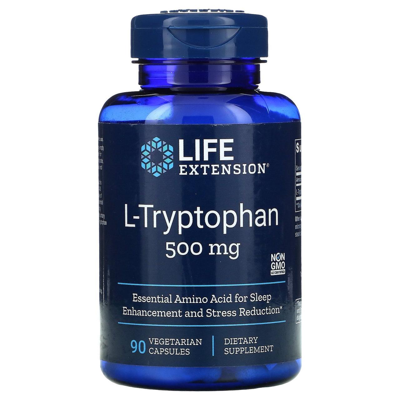 L-триптофан, L-Tryptophan, Life Extension, 500 мг, 90 вегетаріанських капсул BX819