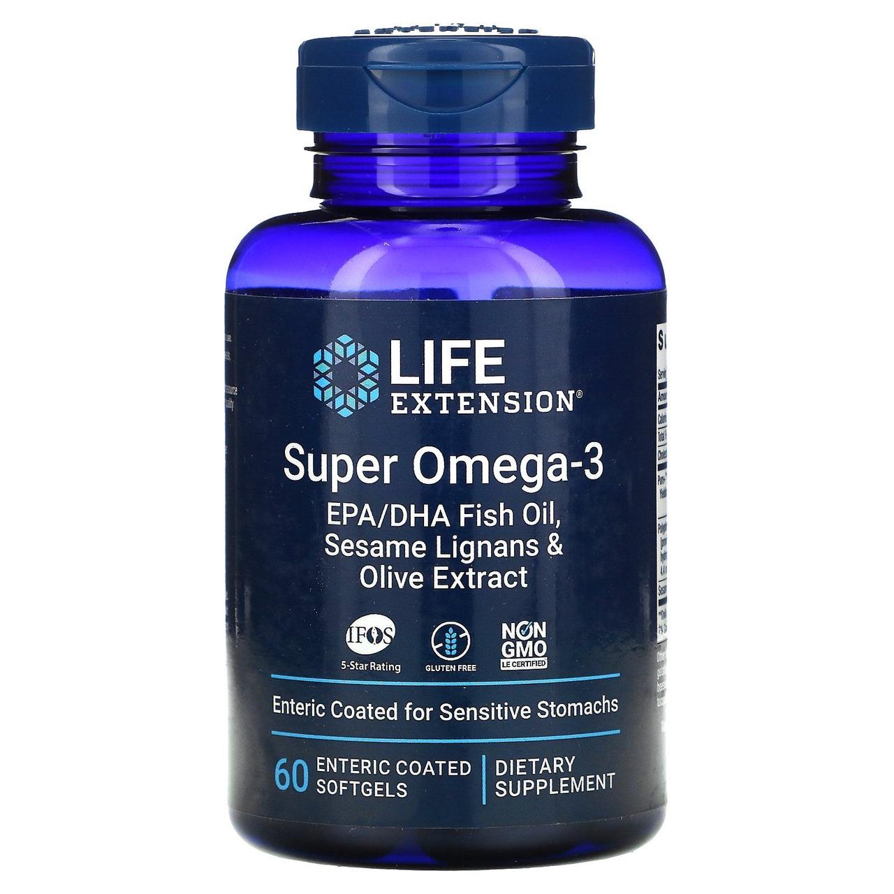 Супер Омега-3 Life Extension (Super Omega-3) 60 капсул з ентерасолювальним покриттям BX124, фото 1