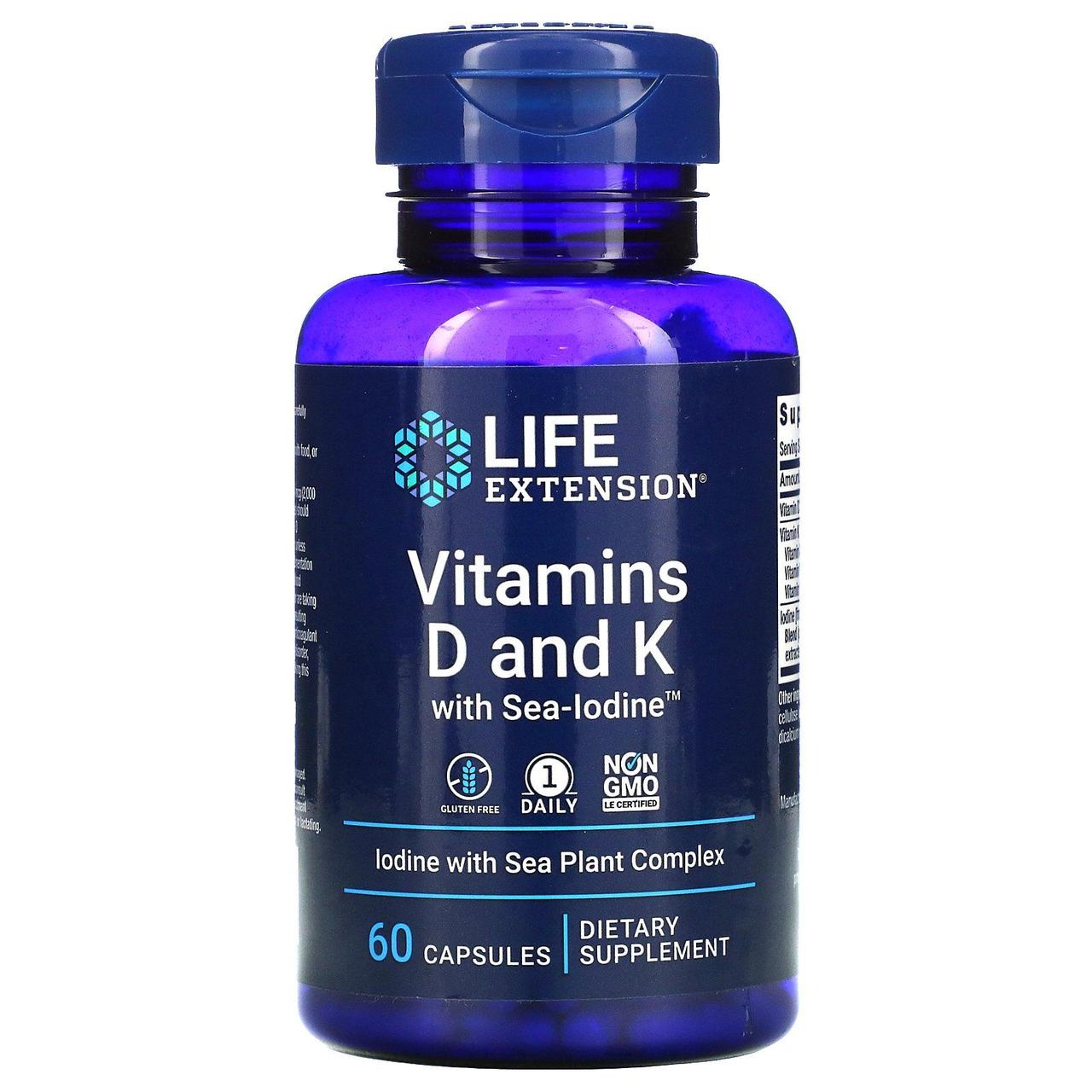 Вітамін D3 і K з йодом Life Extension (Vitamins D3th sea-iodine) 5000 МО/2100 мкг/1000 мкг 60 капсул BX402