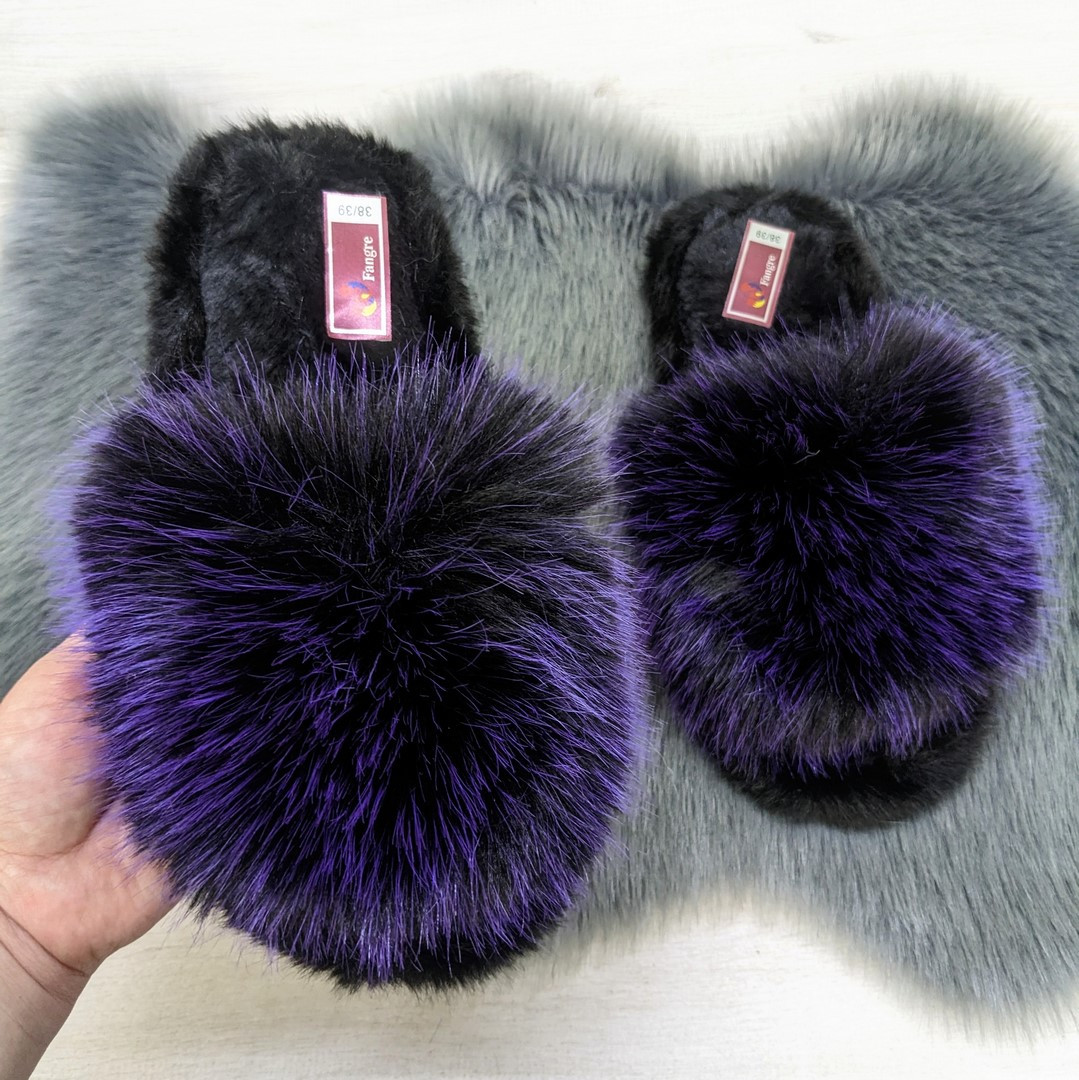 Тапочки хутряні жіночі чорні із фіолетовим 4570, фото 1