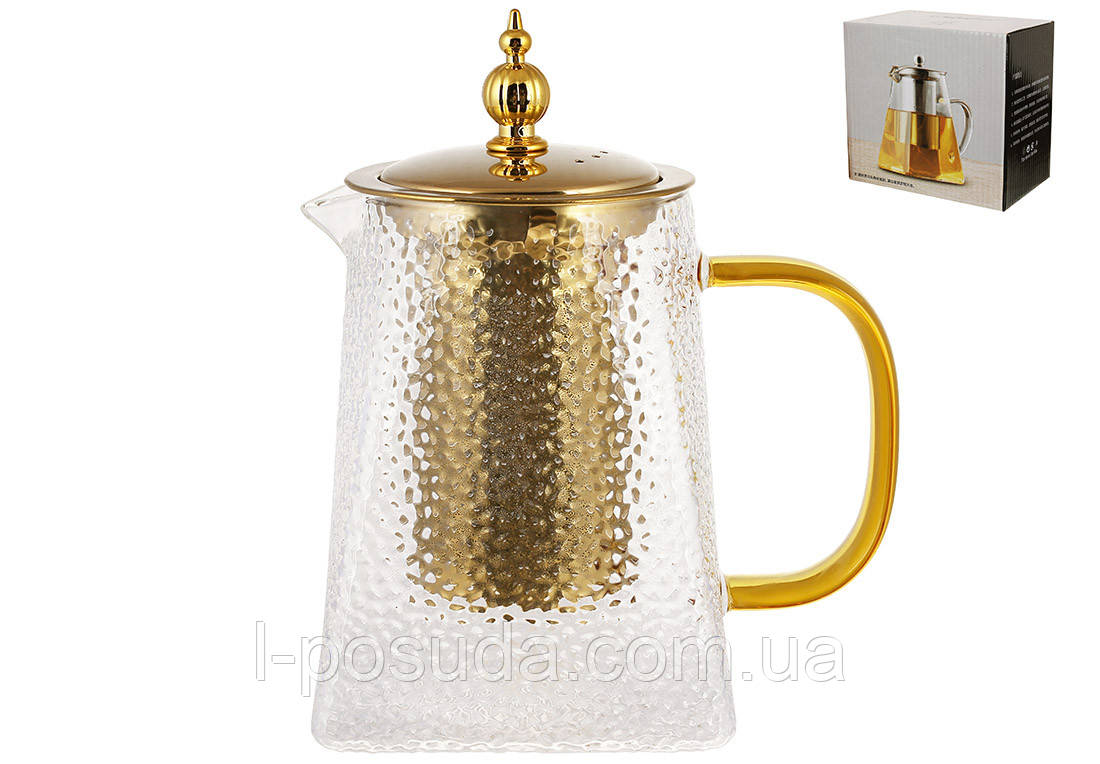 Скляний чайник для заварювання з позолоченою ручкою Піраміда з металевим позолоченим ситом 550 мл, фото 1