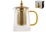 Скляний чайник для заварювання з позолоченою ручкою Піраміда з металевим позолоченим ситом 750 мл, фото 2