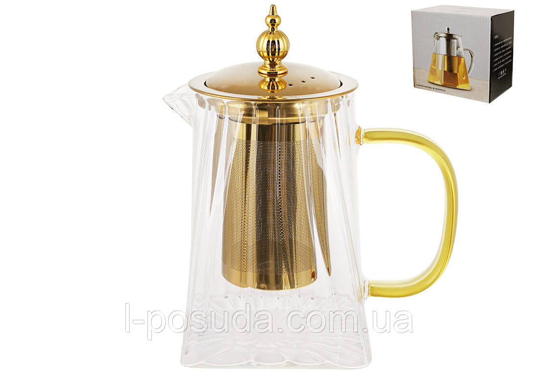 Скляний чайник для заварювання з позолоченою ручкою Піраміда з металевим позолоченим ситом 750 мл, фото 1