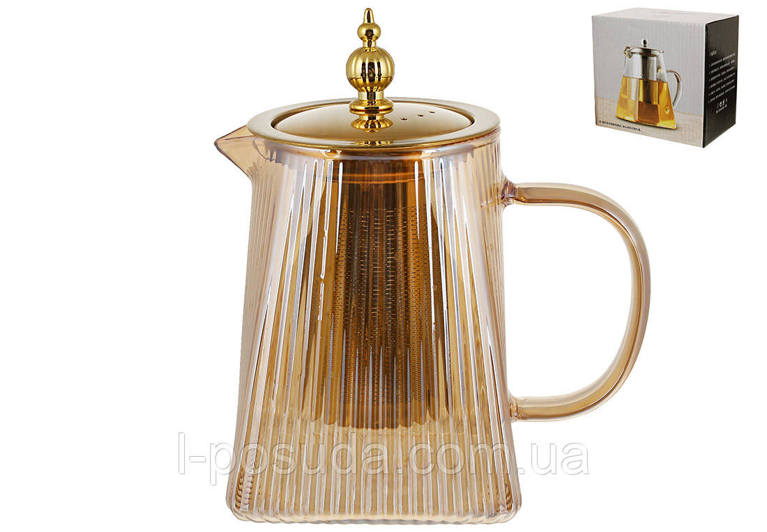 Скляний чайник для заварювання з позолоченою ручкою Піраміда з металевим позолоченим ситом 750 мл, фото 1