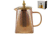 Скляний чайник для заварювання з позолоченою ручкою Піраміда з металевим позолоченим ситом 750 мл, фото 2