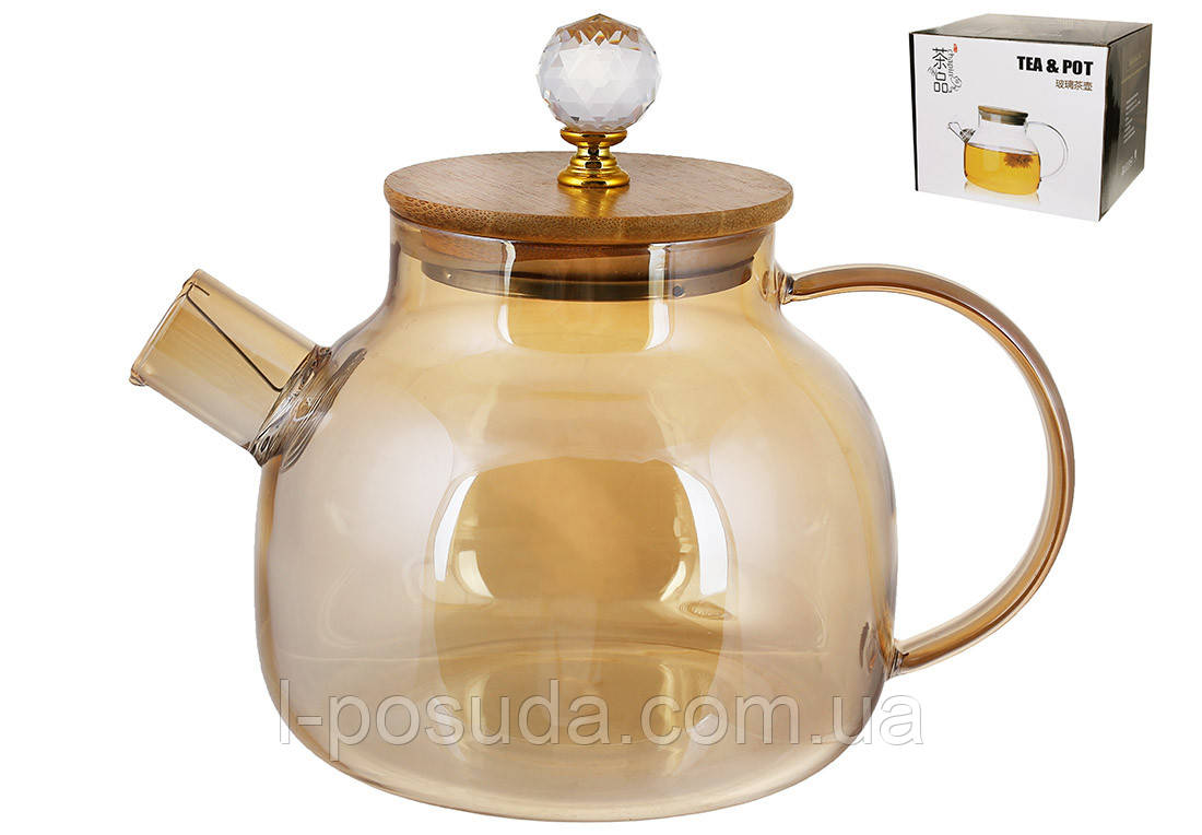 Скляний чайник-заварник янтарного кольору із жаростійкого скла 1 л з бамбуковою кришкою, фото 1