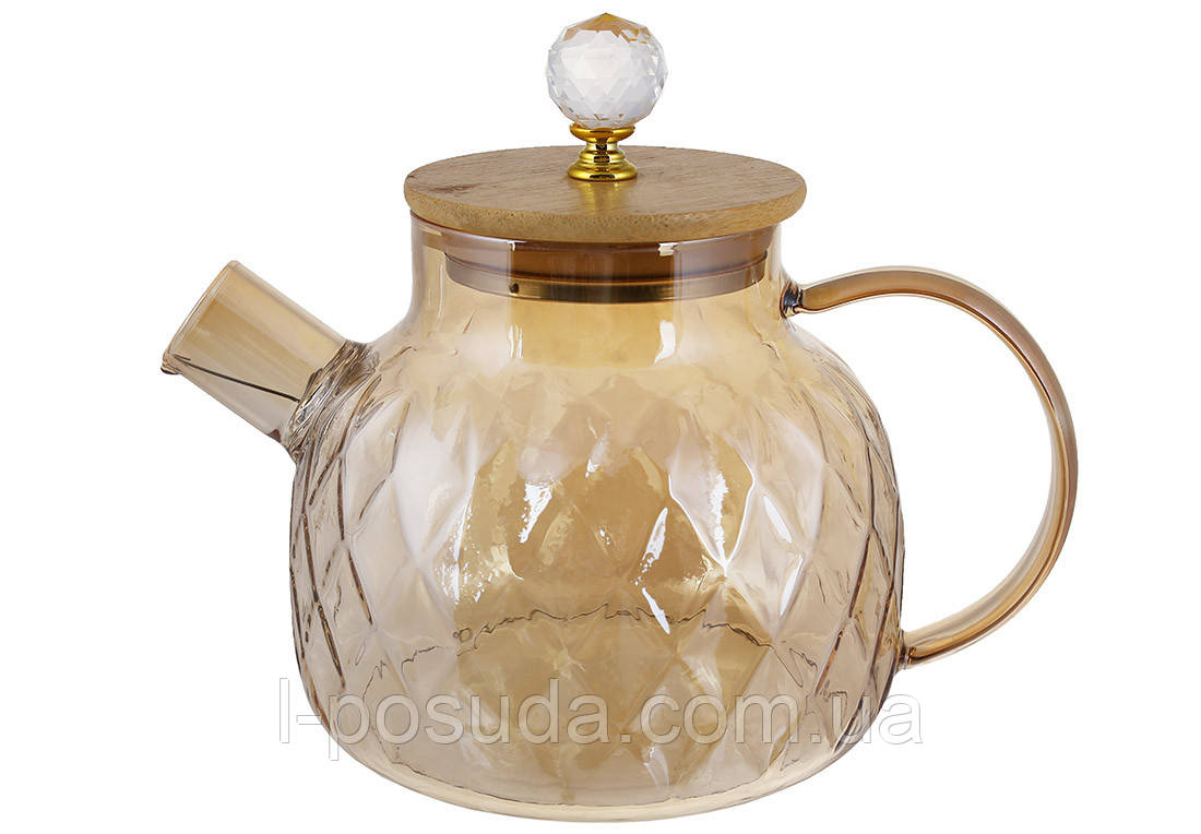 Скляний чайник-заварник янтарного кольору із жаростійкого скла 1 л з бамбуковою кришкою, фото 1