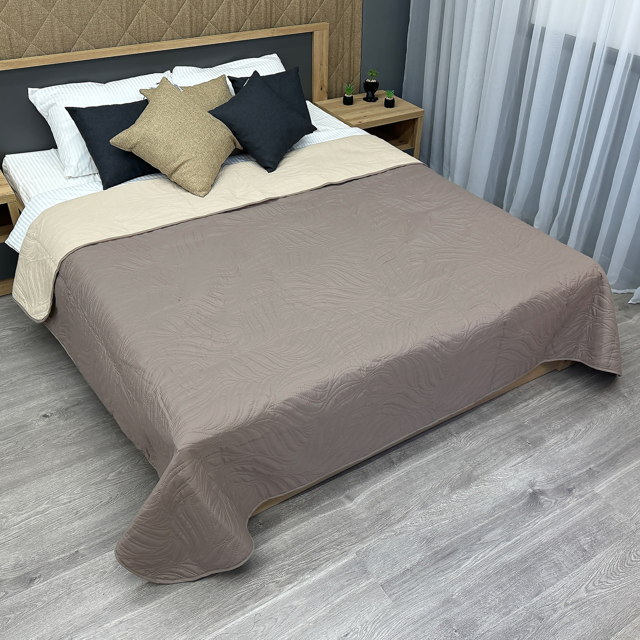 Покривало двостороннє Decorator Microfiber листя, капучино з бежевим, фото 1