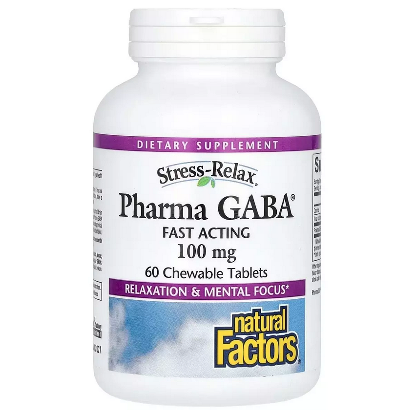 GABA (Гамма-Аміномасляна кислота), 100 мг, Stress Relax, Pharma GABA, Natural Factors, 60 жувальних таблет