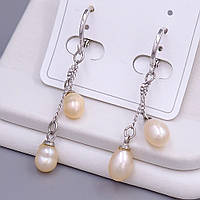 Сережки XР. Родій. Камені: річкові перли. Довжина: 42 мм. Ширина: 6 мм.