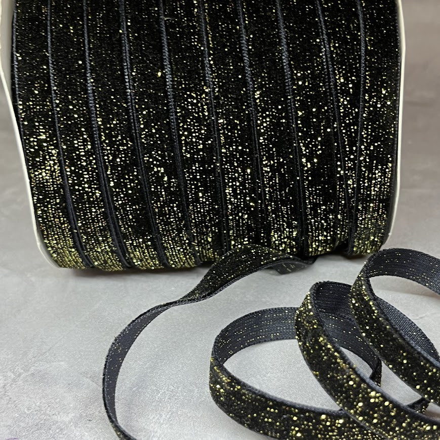 Стрічка велюрова 1 см з люрекс ниткою, чорний з золотом, метр, Чорний, фото 1