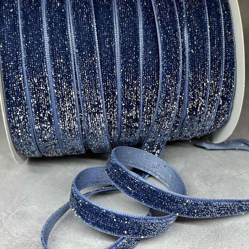 Стрічка велюрова 1 см з люрекс ниткою, темно-блакитний, метр, Темно-голубой, фото 1