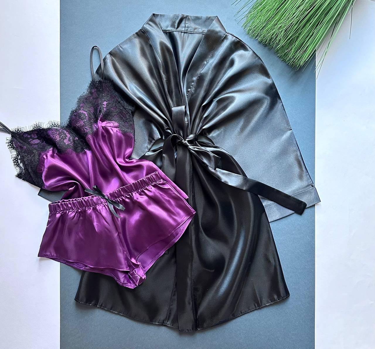 Халат + майка + шорти комплект домашнього одягу.