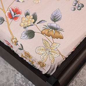 Міцне натяжне простирадло гумка односпальне із бязі бежеве (90*200*25) захисне бавовняне з квітковим принтом, фото 3