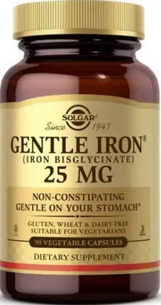 Хелату бисглицината залізо Solgar Gentle Iron 25 mg (iron bisglycinate) 90 капс, фото 1