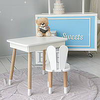 Стіл та стілець в дитячу, столик із підйомною шухлядою 53х60х45 стільчик вушка зайчика для відпочинку 26.5х26х25, білий, фото 7