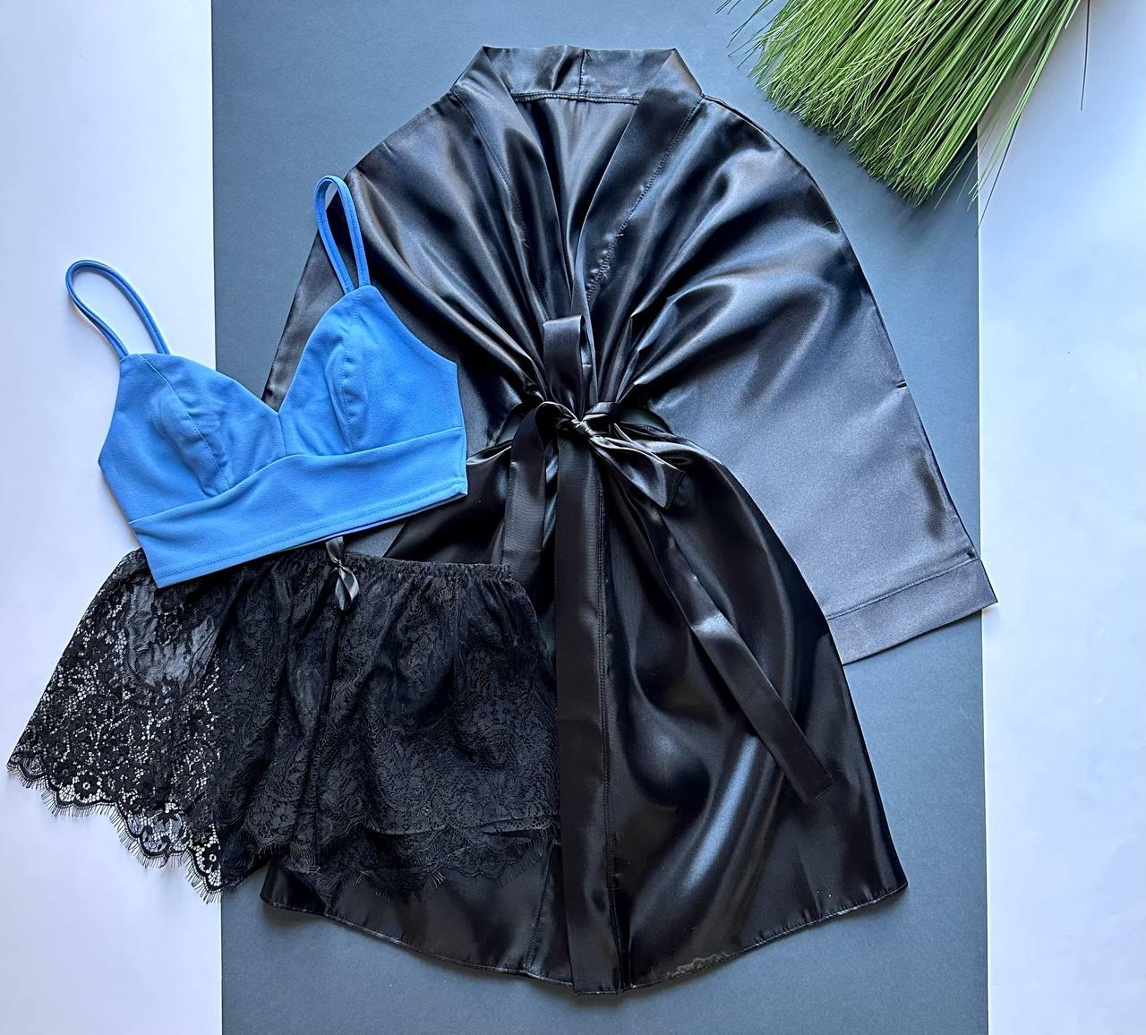 Атласний халат-топ-шорти, комплект трійка XS-S на чашку АВС