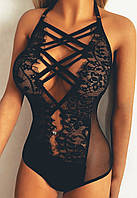 Спокусливий боді з імітацією шнурівки - чорний M (33018942902)