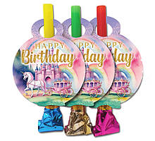 Язичок гудок карнавальний  Happy Birthday замок, 6 шт в уп