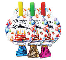 Язичок гудок карнавальний  Happy Birthday тортик, 6 шт в уп