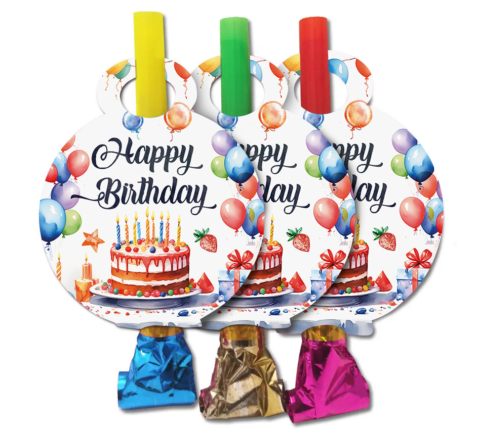 Язичок гудок карнавальний  Happy Birthday тортик, 6 шт в уп