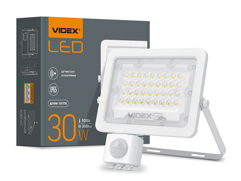 Прожектор LED F2e 30W 5000K з датчиком руху та освітленості 220V IP65 VL-F2e305W-S VIDEX