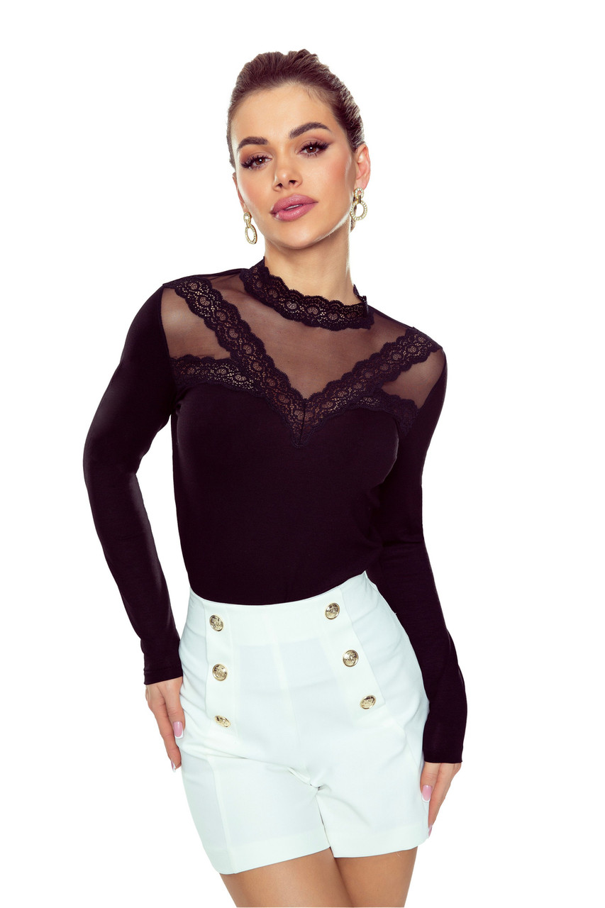 Блузка чорного кольору з довгим рукавом із вставками із сітки та мережива - Kalina Eldar, M