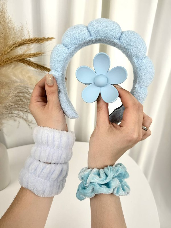 Набір для вмивання 4 в 1 махровий (обруч, напульсники, резинки 2 шт., заколка-крабик), колір блакитний, фото 1