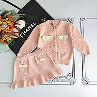 В'язаний рожевий святковий костюм для дівчинки, комплект кардиган зі спідницею