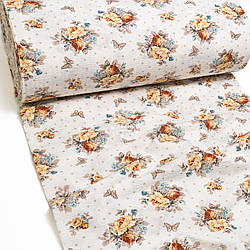 Тканина жатка (гофре) шириною 240 см "Букети троянд, метелики та горошок" на білому №5283