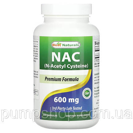 Амінокислота N-ацетил L-цистеїн Best Naturals NAC 600 мг 250 капс., фото 1