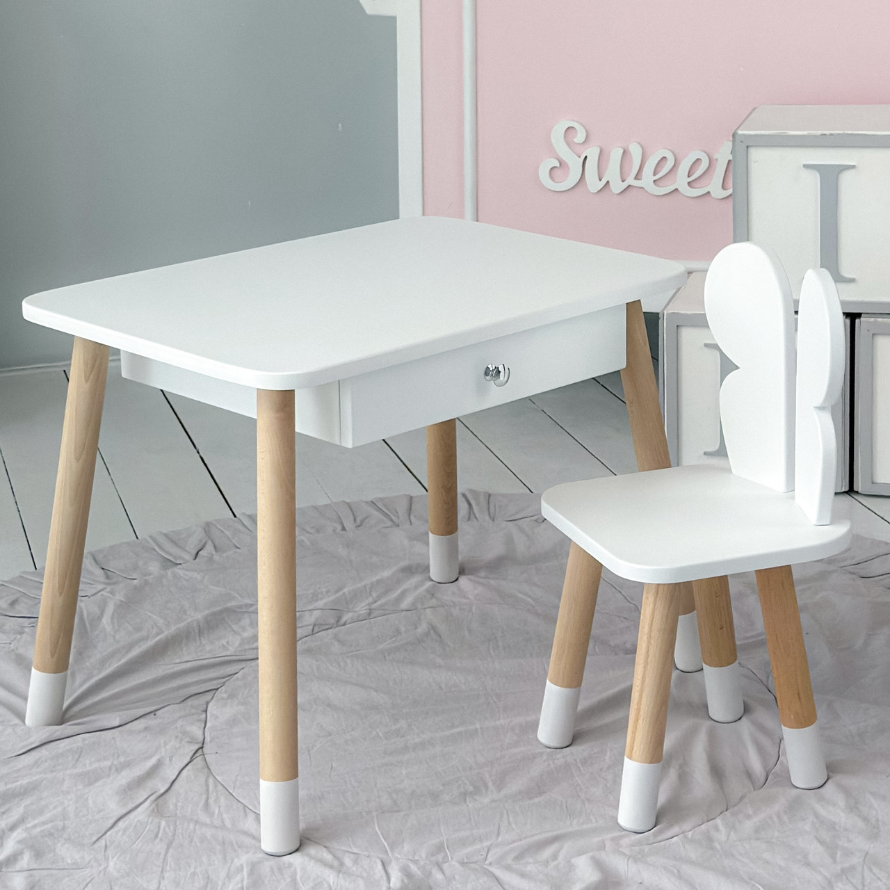Дитячий столик з шухлядкою 46х60х45 та стільчик в виді метелика 26.5х26х25, білий, фото 1